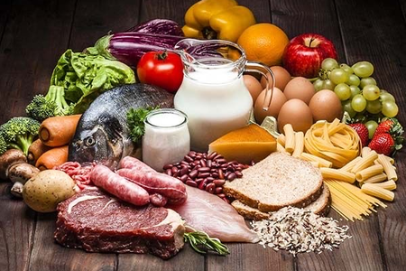 Image d'aliments nutritifs comme les produit laitiers, la viande, le poisson, et les fruits